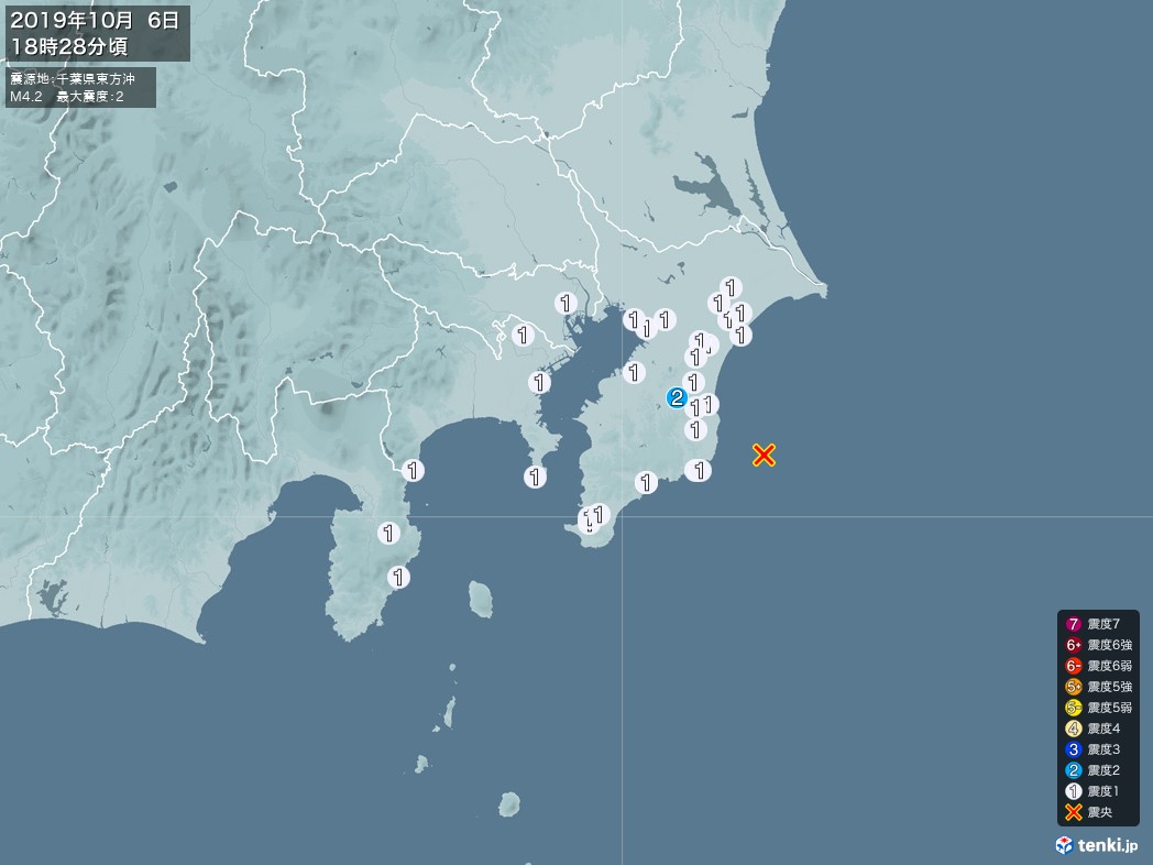 地震情報 2019年10月06日 18時28分頃発生 最大震度：2 震源地：千葉県東方沖(拡大画像)