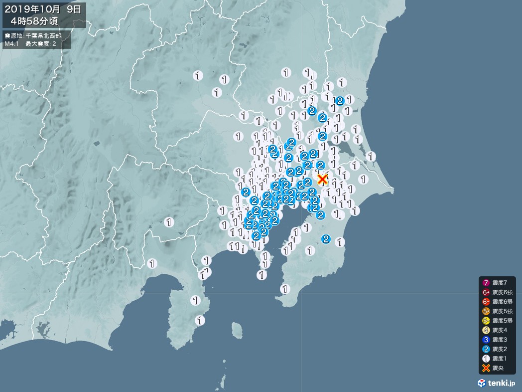 地震情報 2019年10月09日 04時58分頃発生 最大震度：2 震源地：千葉県北西部(拡大画像)