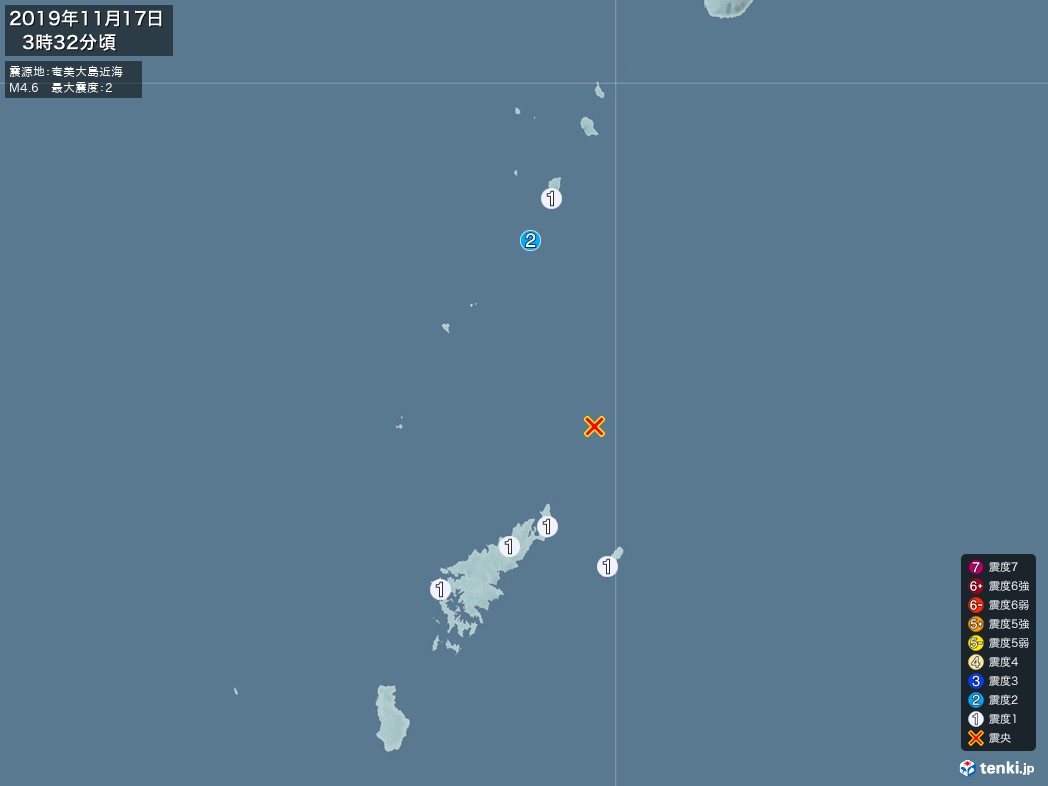 地震情報 2019年11月17日 03時32分頃発生 最大震度：2 震源地：奄美大島近海(拡大画像)