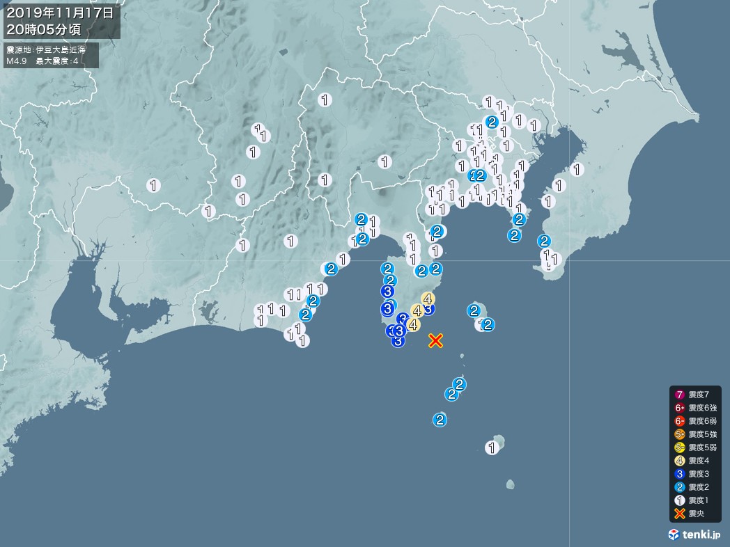 地震情報 2019年11月17日 20時05分頃発生 最大震度：4 震源地：伊豆大島近海(拡大画像)