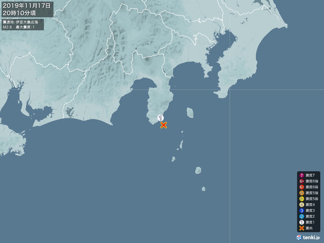 地震情報 2019年11月17日 20時10分頃発生 最大震度：1 震源地：伊豆大島近海(拡大画像)
