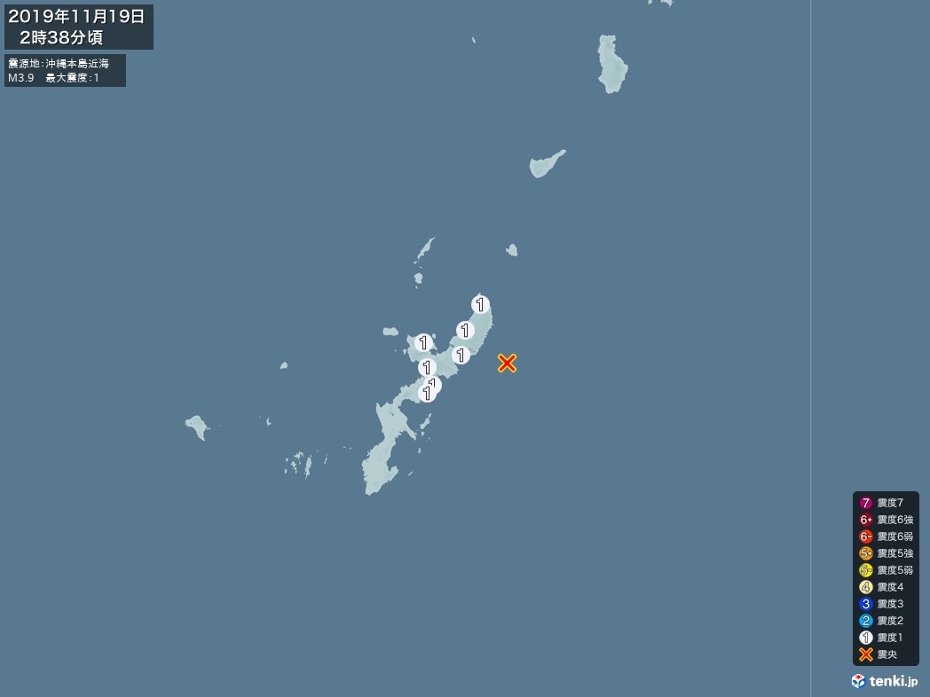 地震情報 2019年11月19日 02時38分頃発生 最大震度：1 震源地：沖縄本島近海(拡大画像)