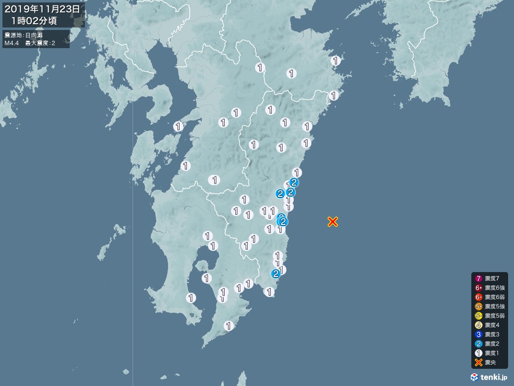 地震情報 2019年11月23日 01時02分頃発生 最大震度：2 震源地：日向灘(拡大画像)