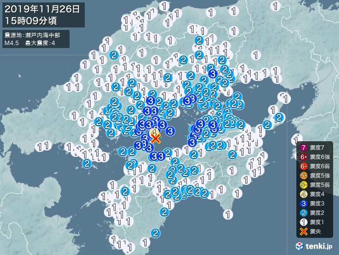 地震情報 19年11月26日 15時09分頃発生 最大震度 4 震源地 瀬戸内海中部 日本気象協会 Tenki Jp