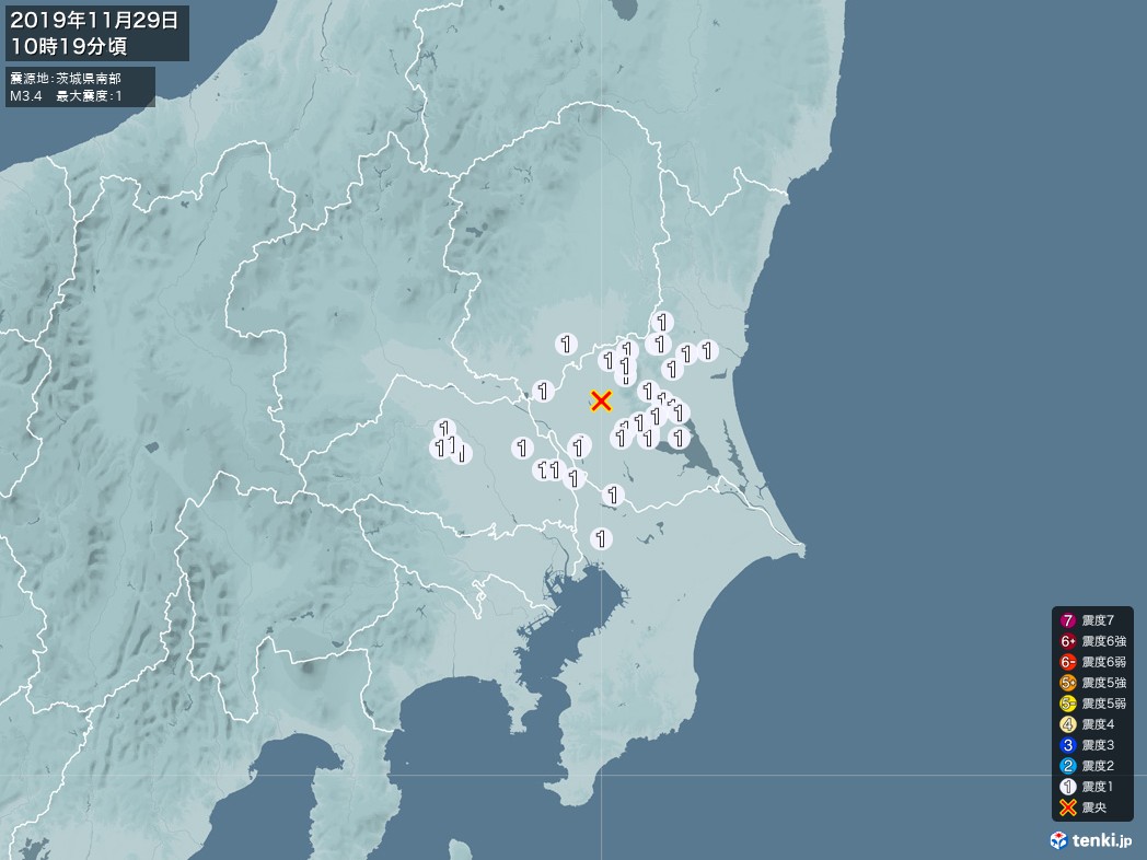 地震情報 2019年11月29日 10時19分頃発生 最大震度：1 震源地：茨城県南部(拡大画像)