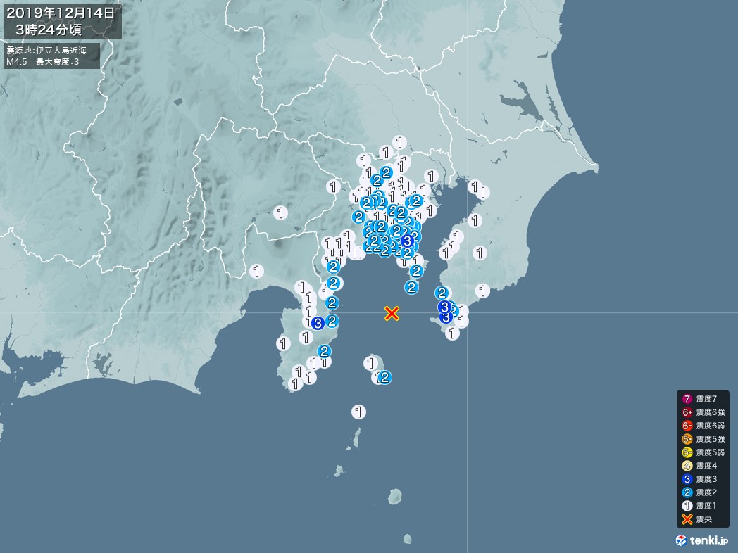 地震情報 2019年12月14日 03時24分頃発生 最大震度：3 震源地：伊豆大島近海(拡大画像)