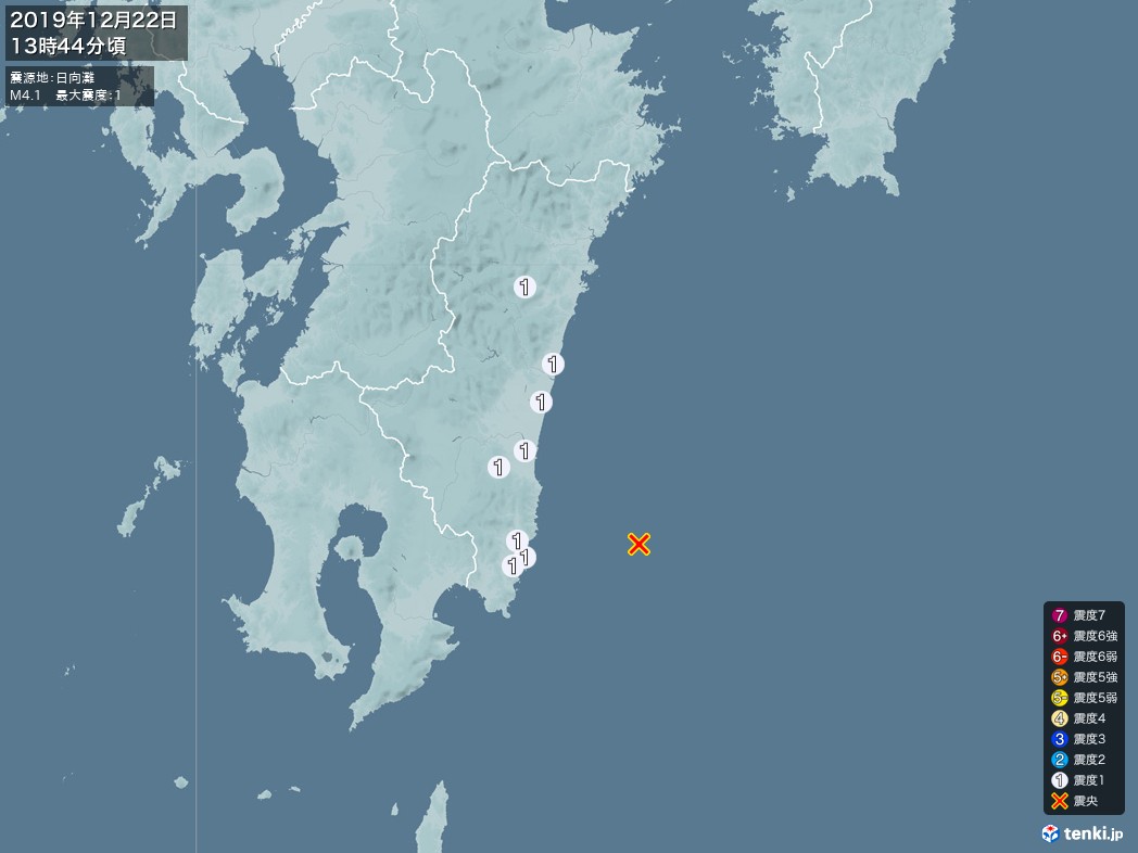 地震情報 2019年12月22日 13時44分頃発生 最大震度：1 震源地：日向灘(拡大画像)