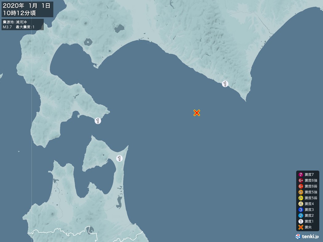 地震情報 2020年01月01日 10時12分頃発生 最大震度：1 震源地：浦河沖(拡大画像)