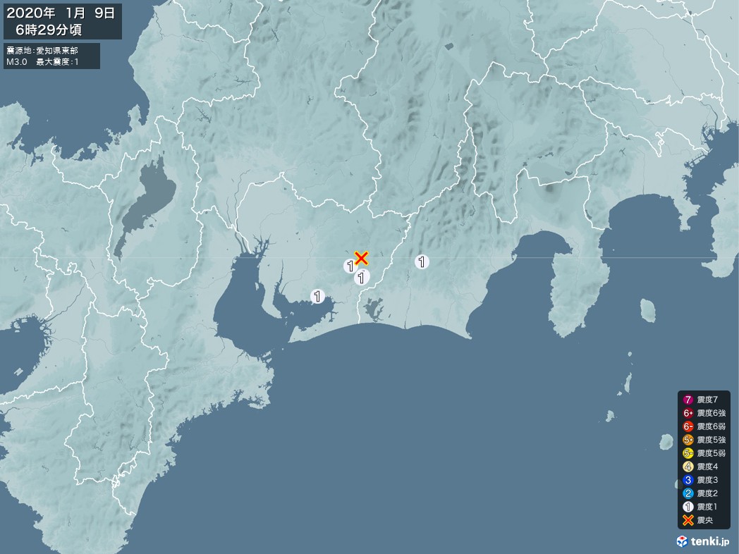 地震情報 2020年01月09日 06時29分頃発生 最大震度：1 震源地：愛知県東部(拡大画像)