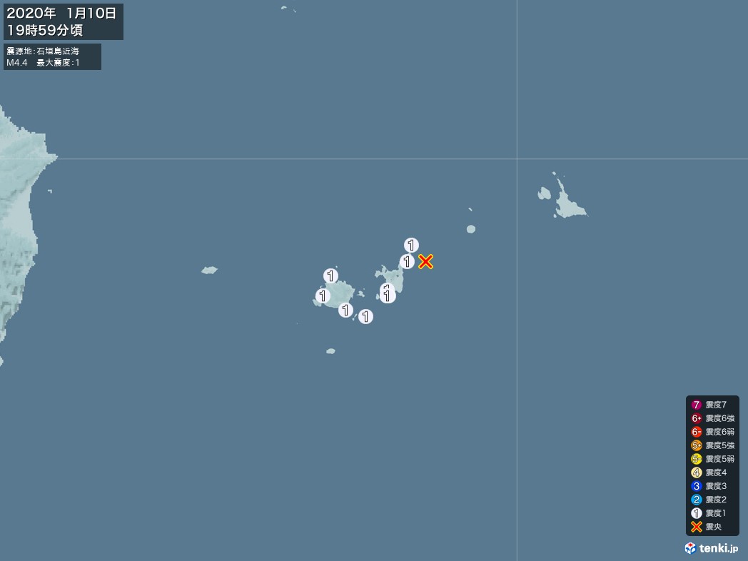 地震情報 2020年01月10日 19時59分頃発生 最大震度：1 震源地：石垣島近海(拡大画像)
