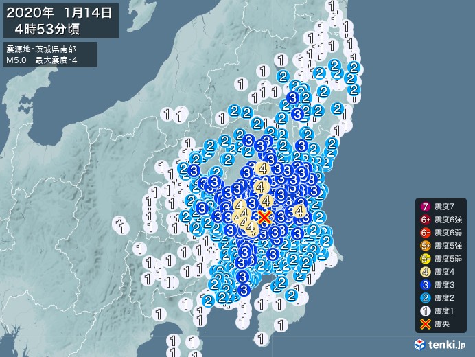 地震情報(2020年01月14日04時53分発生)