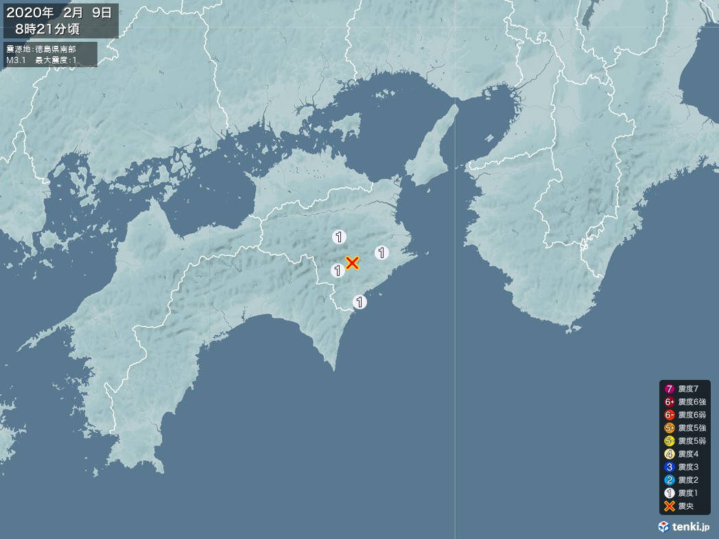 地震情報 2020年02月09日 08時21分頃発生 最大震度：1 震源地：徳島県南部(拡大画像)