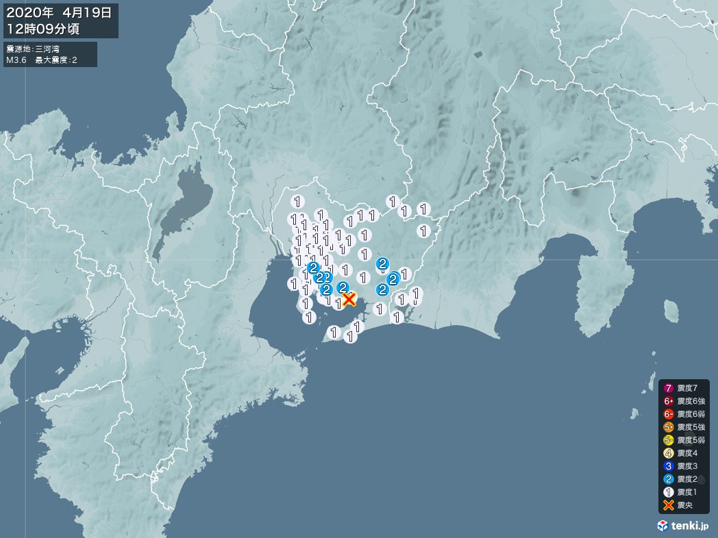 地震情報 2020年04月19日 12時09分頃発生 最大震度：2 震源地：三河湾(拡大画像)
