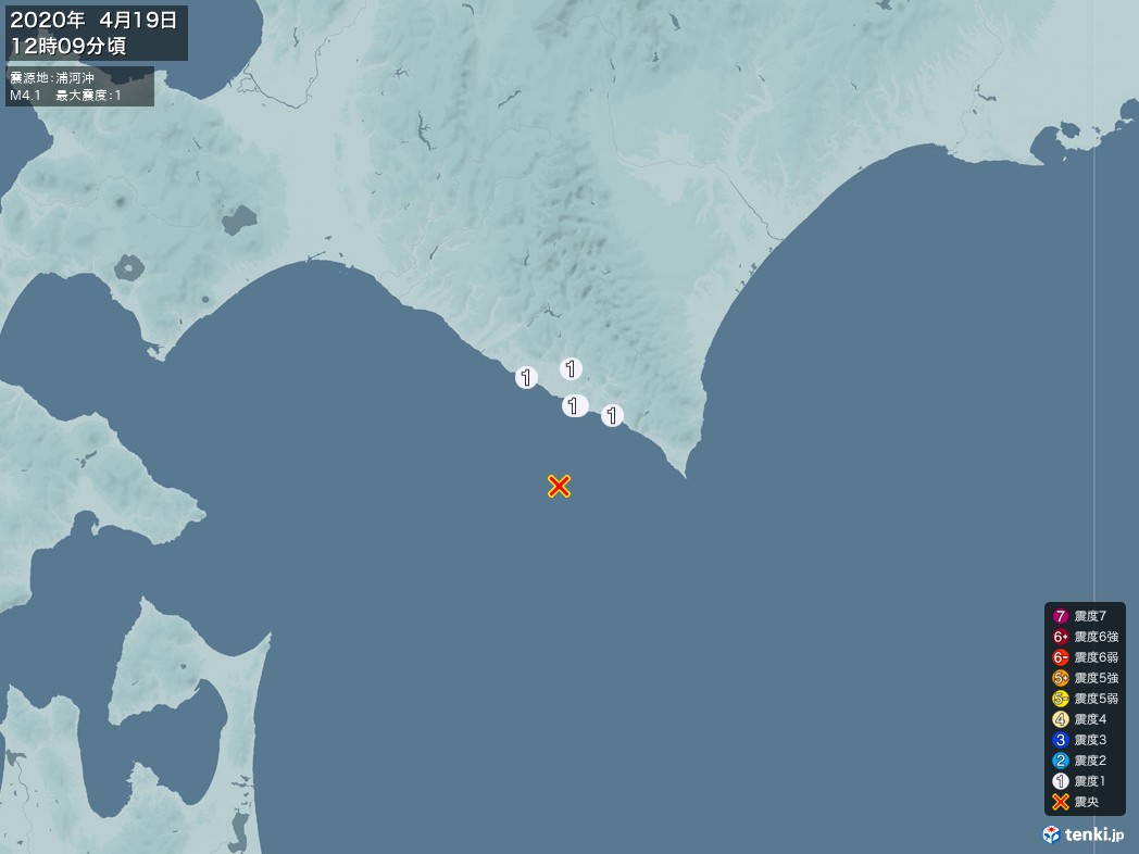 地震情報 2020年04月19日 12時09分頃発生 最大震度：1 震源地：浦河沖(拡大画像)
