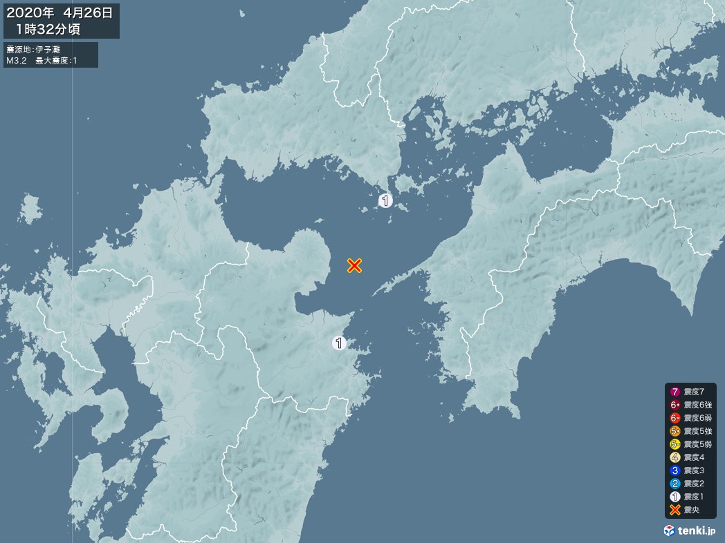 地震情報 2020年04月26日 01時32分頃発生 最大震度：1 震源地：伊予灘(拡大画像)