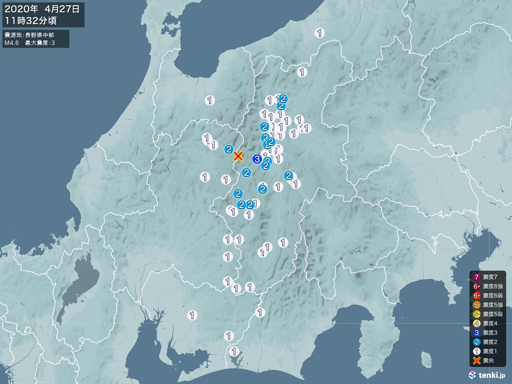 地震情報 2020年04月27日 11時32分頃発生 最大震度：3 震源地：長野県中部(拡大画像)