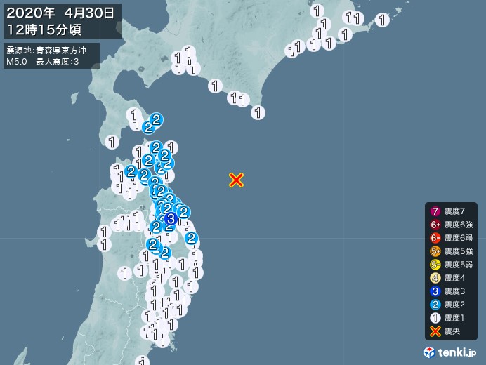 地震情報(2020年04月30日12時15分発生)