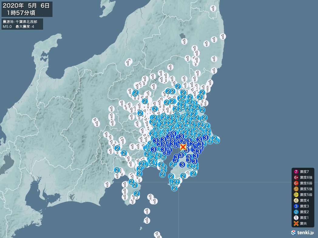 地震情報 2020年05月06日 01時57分頃発生 最大震度：4 震源地：千葉県北西部(拡大画像)