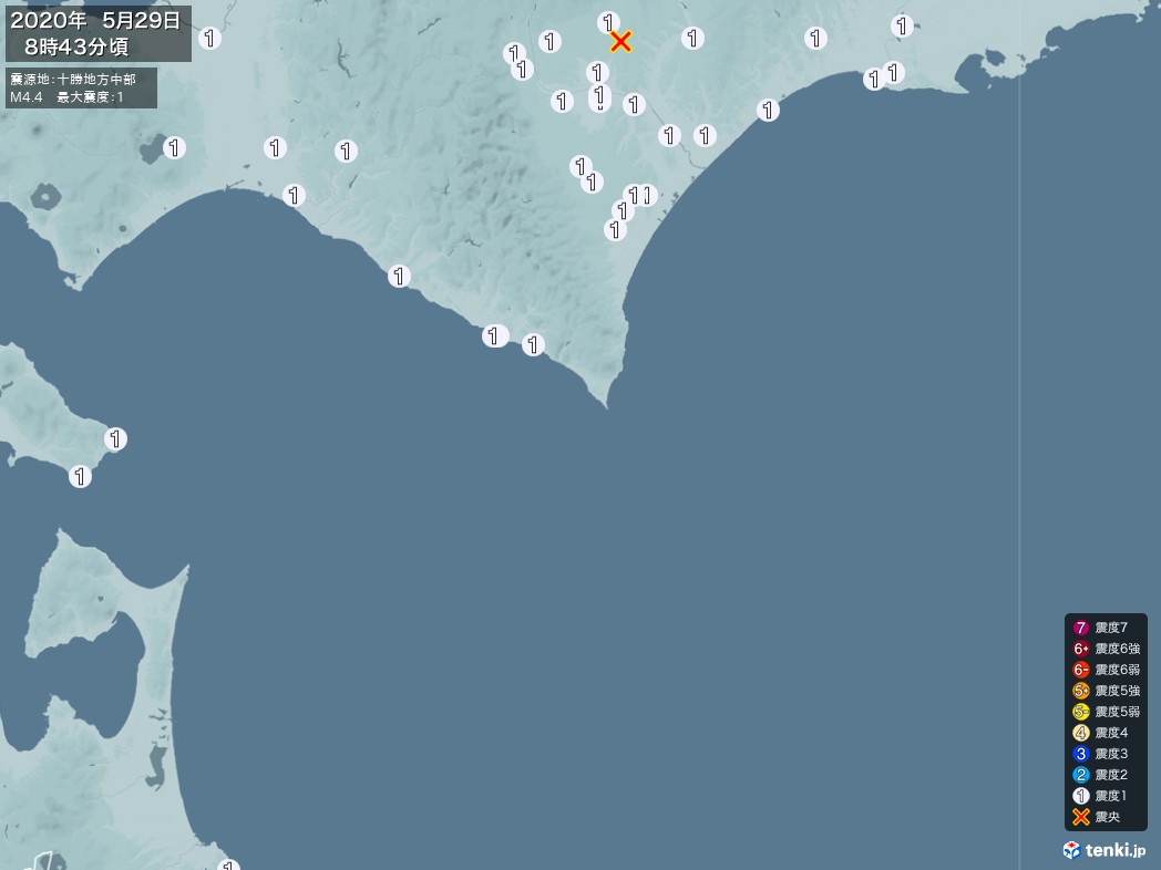 地震情報 2020年05月29日 08時43分頃発生 最大震度：1 震源地：十勝地方中部(拡大画像)
