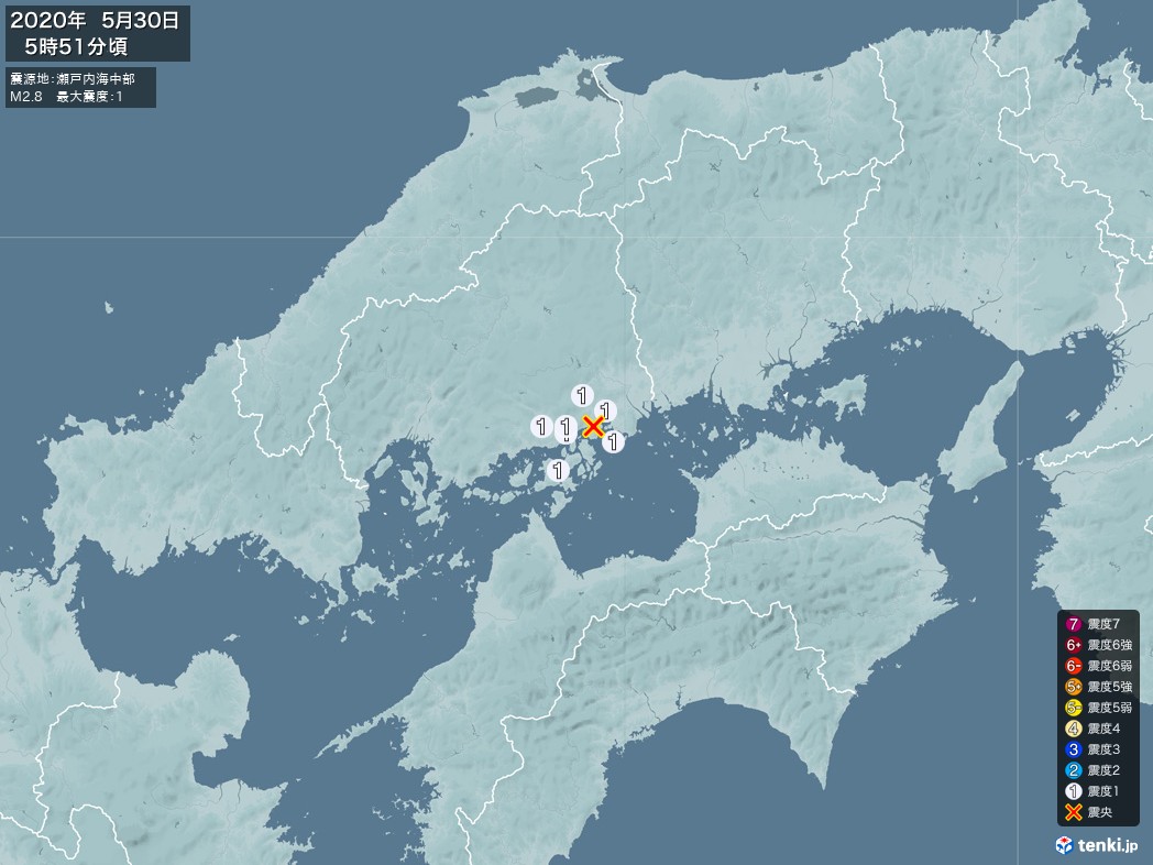 地震情報 2020年05月30日 05時51分頃発生 最大震度：1 震源地：瀬戸内海中部(拡大画像)