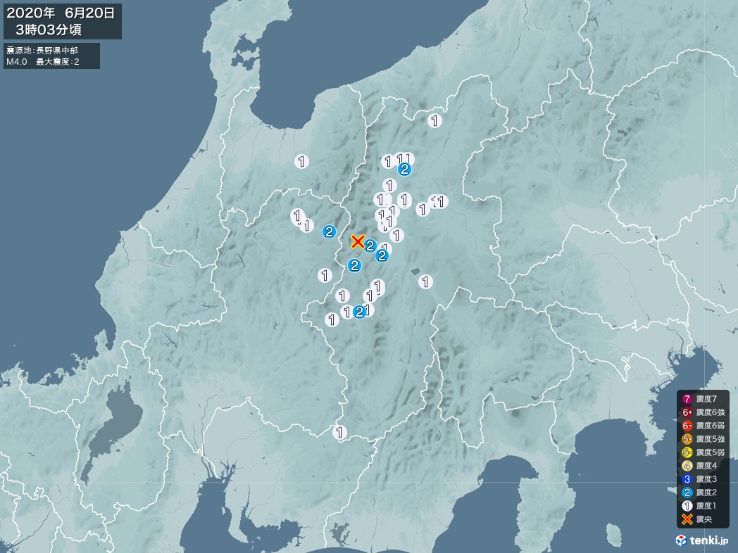 地震情報 2020年06月20日 03時03分頃発生 最大震度：2 震源地：長野県中部(拡大画像)