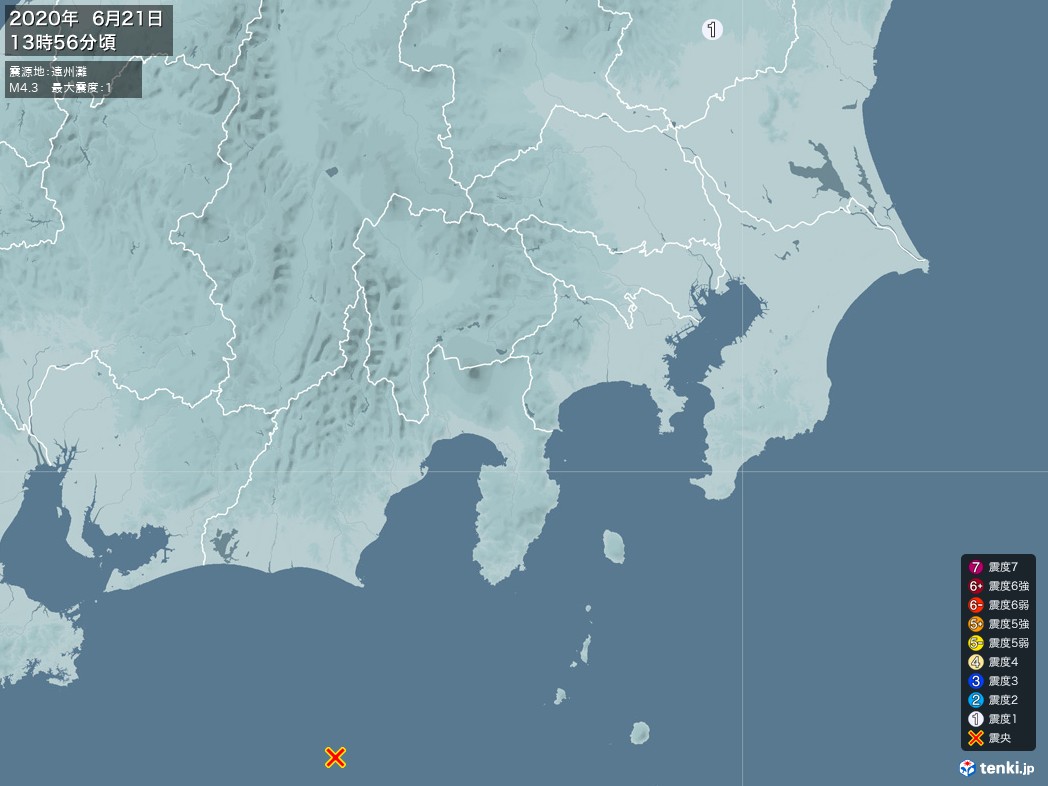 地震情報 2020年06月21日 13時56分頃発生 最大震度：1 震源地：遠州灘(拡大画像)