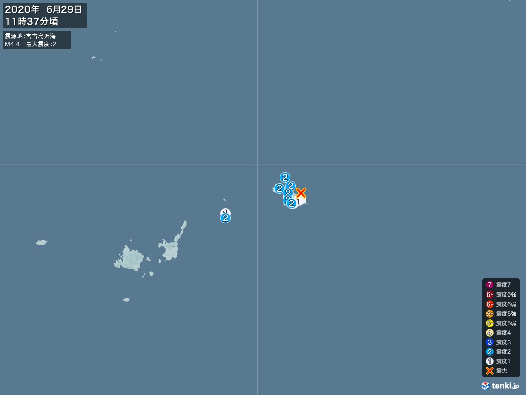 地震情報 2020年06月29日 11時37分頃発生 最大震度：2 震源地：宮古島近海(拡大画像)