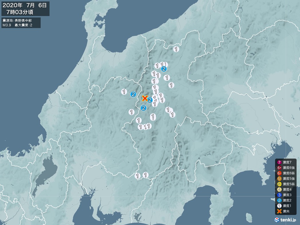 地震情報 2020年07月06日 07時03分頃発生 最大震度：2 震源地：長野県中部(拡大画像)
