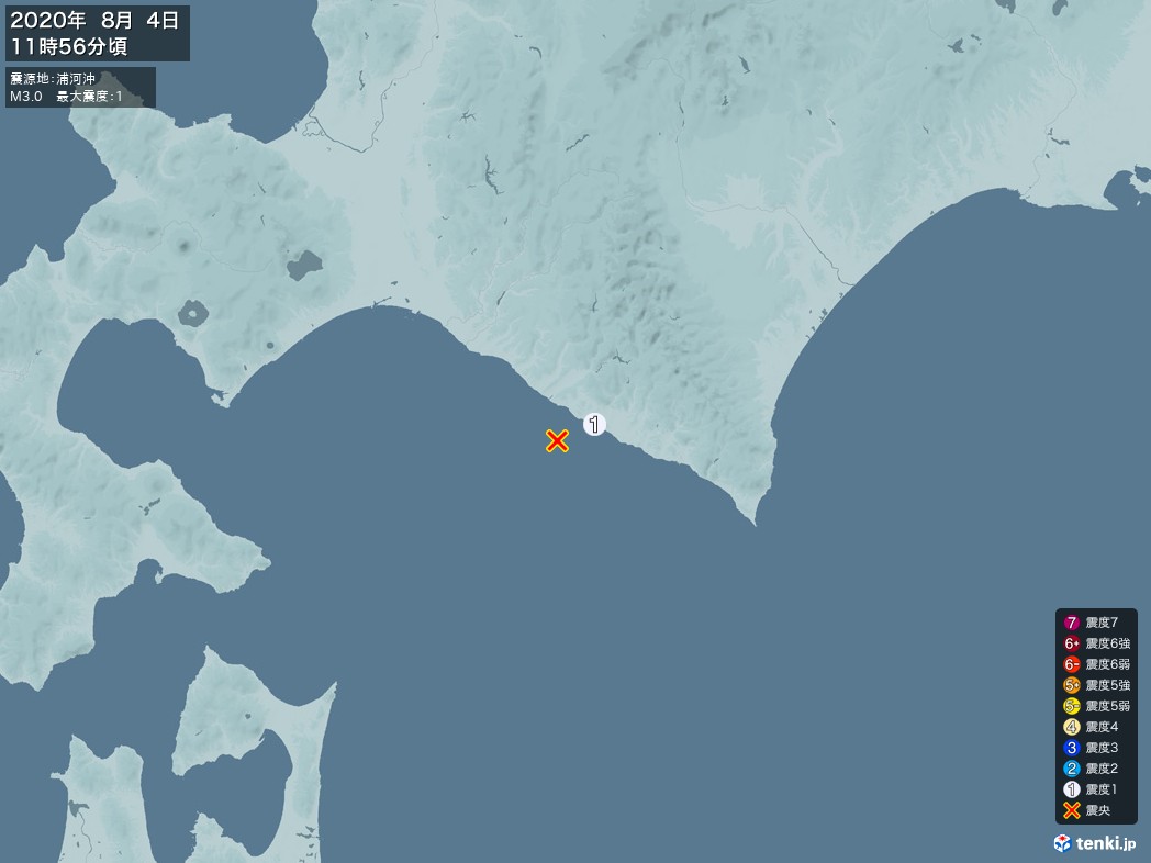 地震情報 2020年08月04日 11時56分頃発生 最大震度：1 震源地：浦河沖(拡大画像)