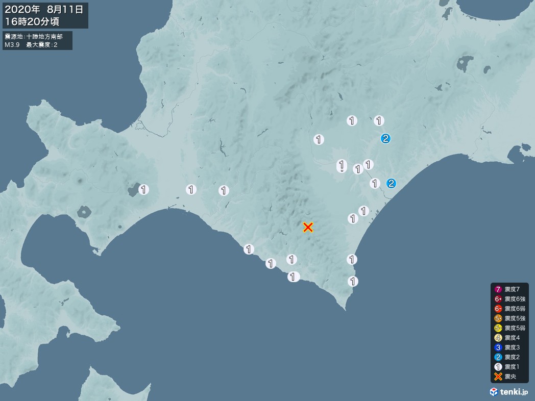 地震情報 2020年08月11日 16時20分頃発生 最大震度：2 震源地：十勝地方南部(拡大画像)