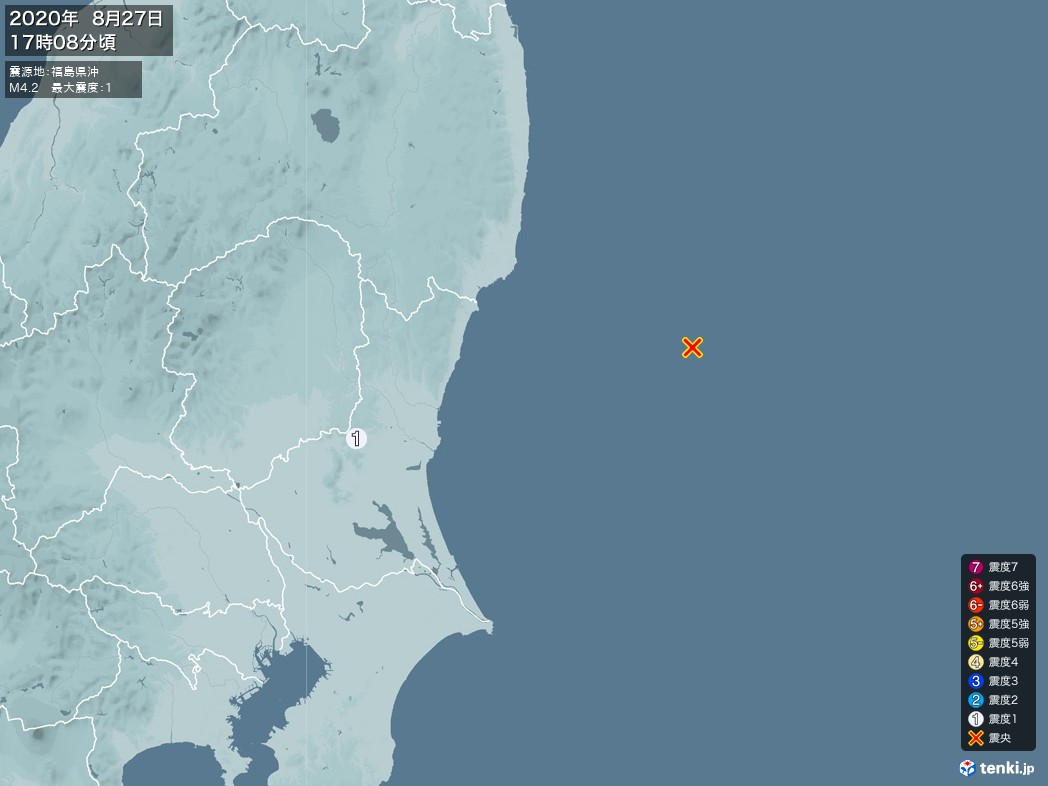 地震情報 2020年08月27日 17時08分頃発生 最大震度：1 震源地：福島県沖(拡大画像)