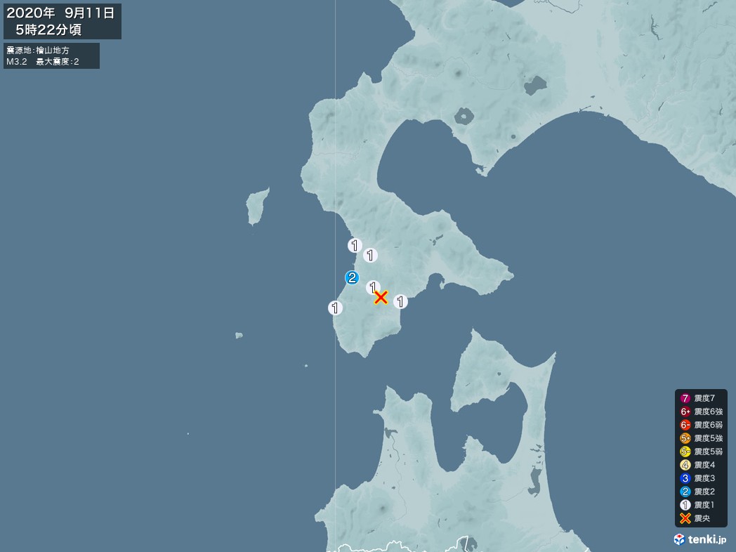 地震情報 2020年09月11日 05時22分頃発生 最大震度：2 震源地：檜山地方(拡大画像)