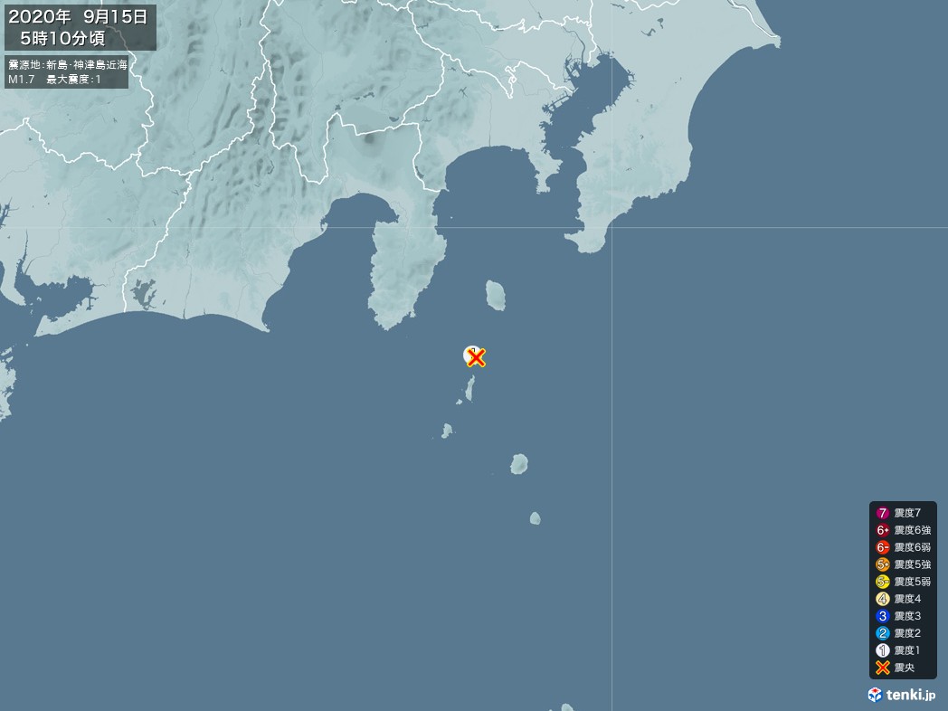 地震情報 2020年09月15日 05時10分頃発生 最大震度：1 震源地：新島・神津島近海(拡大画像)