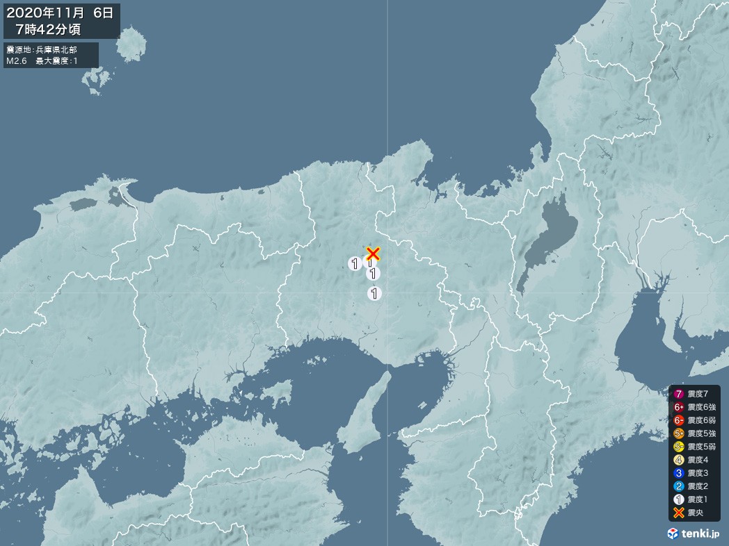 地震情報 2020年11月06日 07時42分頃発生 最大震度：1 震源地：兵庫県北部(拡大画像)
