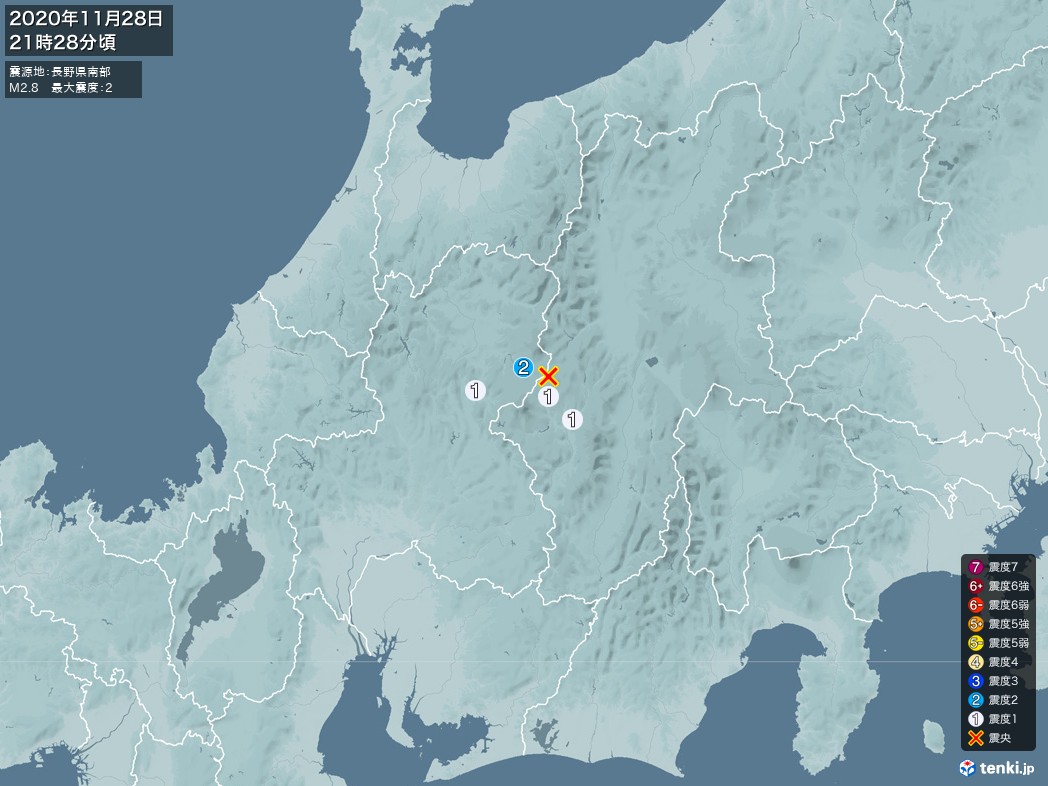 地震情報 2020年11月28日 21時28分頃発生 最大震度：2 震源地：長野県南部(拡大画像)