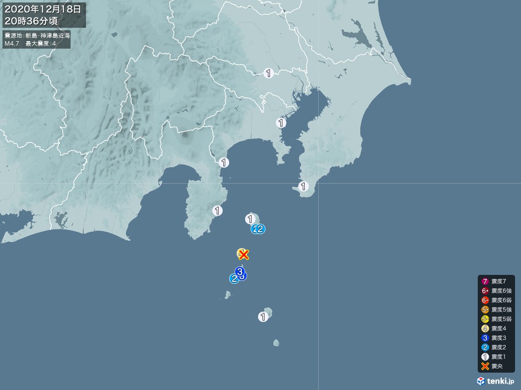 地震情報 2020年12月18日 20時36分頃発生 最大震度：4 震源地：新島・神津島近海(拡大画像)