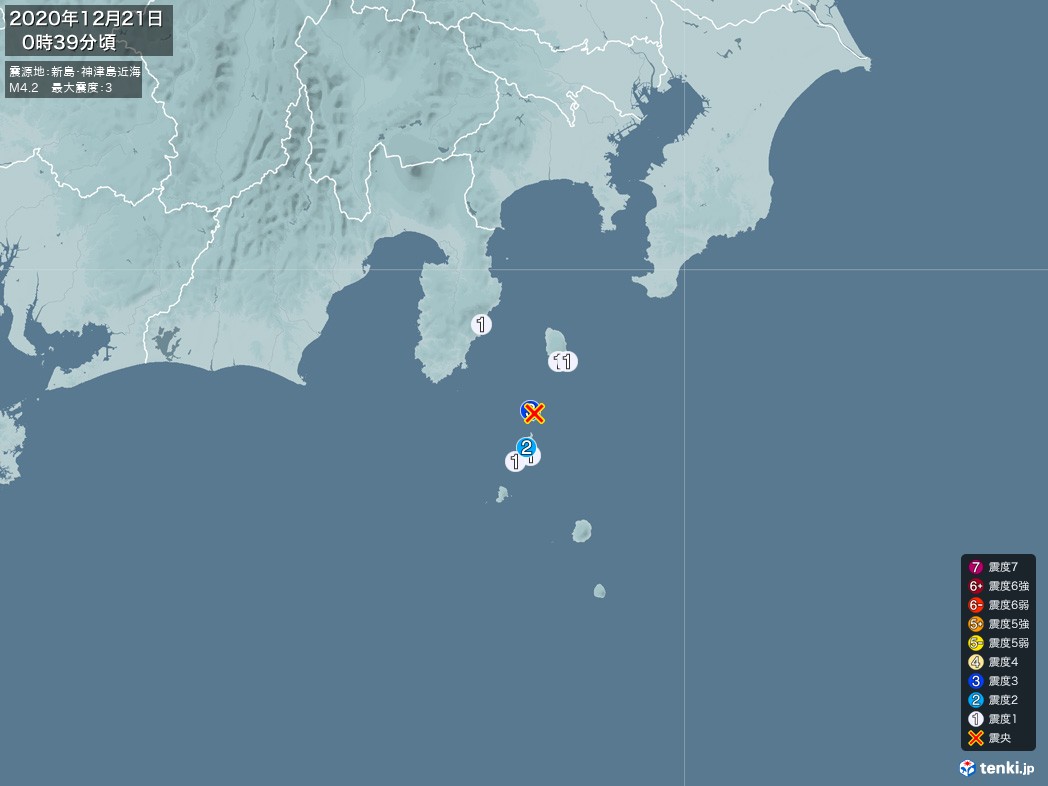 地震情報 2020年12月21日 00時39分頃発生 最大震度：3 震源地：新島・神津島近海(拡大画像)