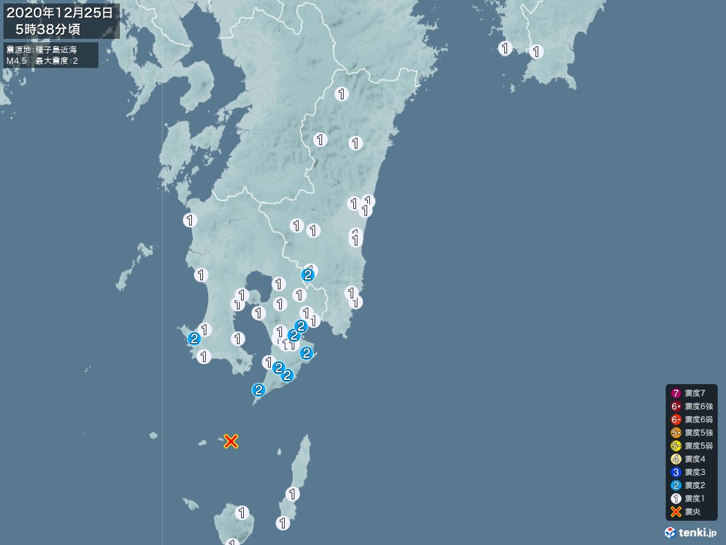 地震情報 2020年12月25日 05時38分頃発生 最大震度：2 震源地：種子島近海(拡大画像)