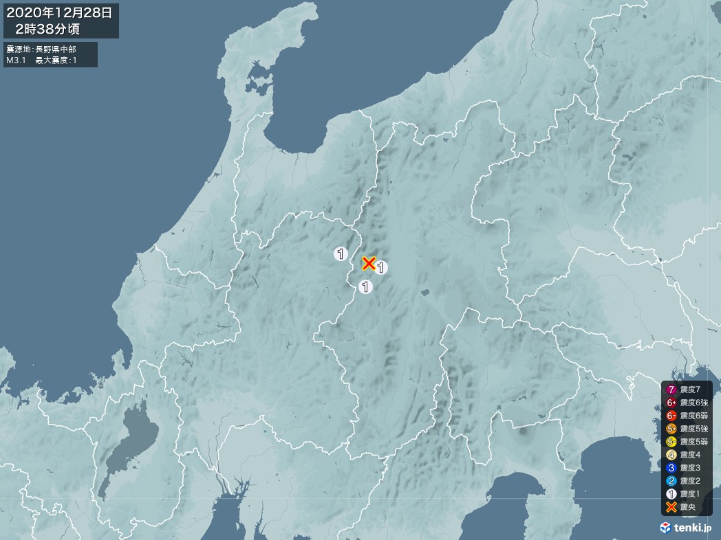 地震情報 2020年12月28日 02時38分頃発生 最大震度：1 震源地：長野県中部(拡大画像)