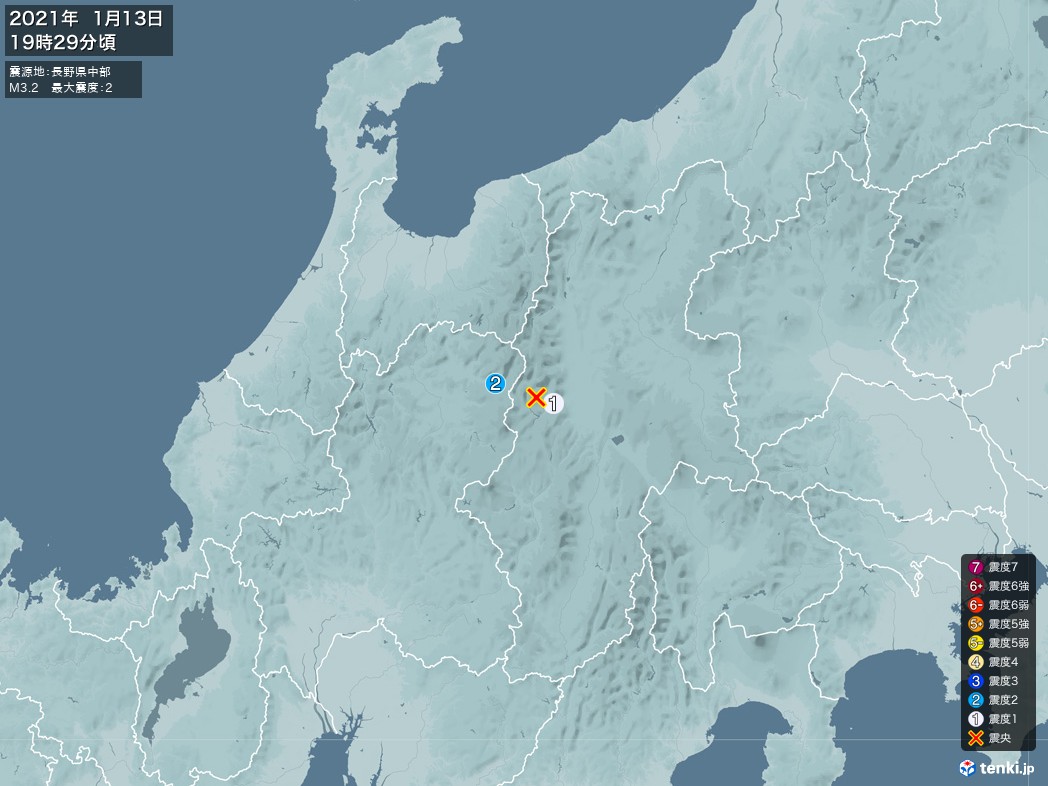 地震情報 2021年01月13日 19時29分頃発生 最大震度：2 震源地：長野県中部(拡大画像)