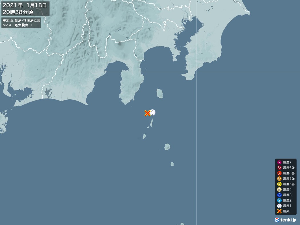 地震情報 2021年01月18日 20時38分頃発生 最大震度：1 震源地：新島・神津島近海(拡大画像)