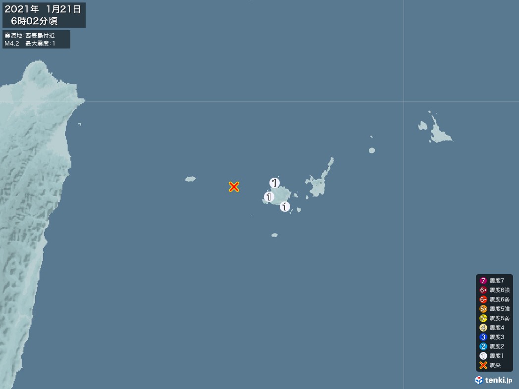 地震情報 2021年01月21日 06時02分頃発生 最大震度：1 震源地：西表島付近(拡大画像)