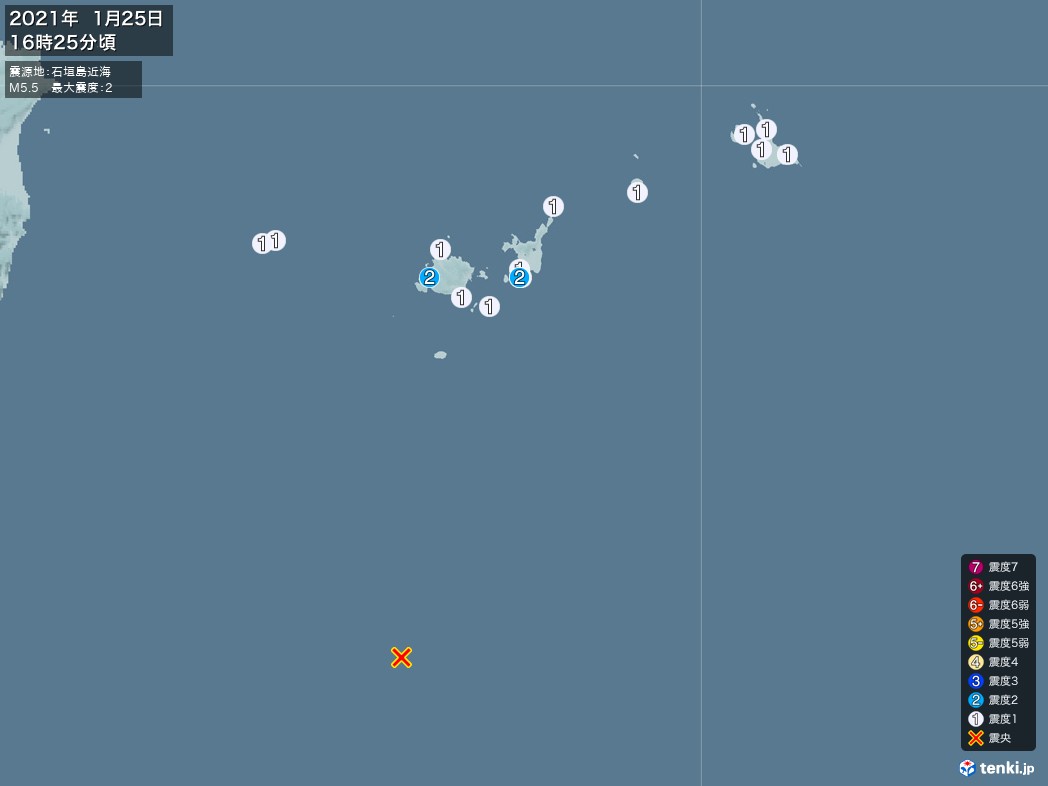 地震情報 2021年01月25日 16時25分頃発生 最大震度：2 震源地：石垣島近海(拡大画像)