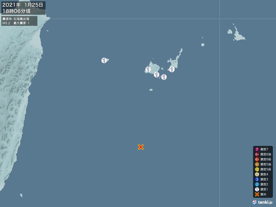 地震情報 2021年01月25日 18時06分頃発生 最大震度：1 震源地：石垣島近海(拡大画像)