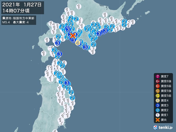 地震情報(2021年01月27日14時07分発生)