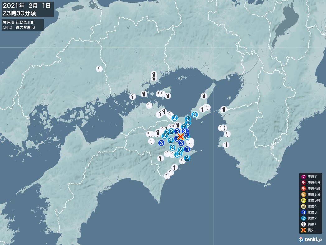 地震情報 2021年02月01日 23時30分頃発生 最大震度：3 震源地：徳島県北部(拡大画像)