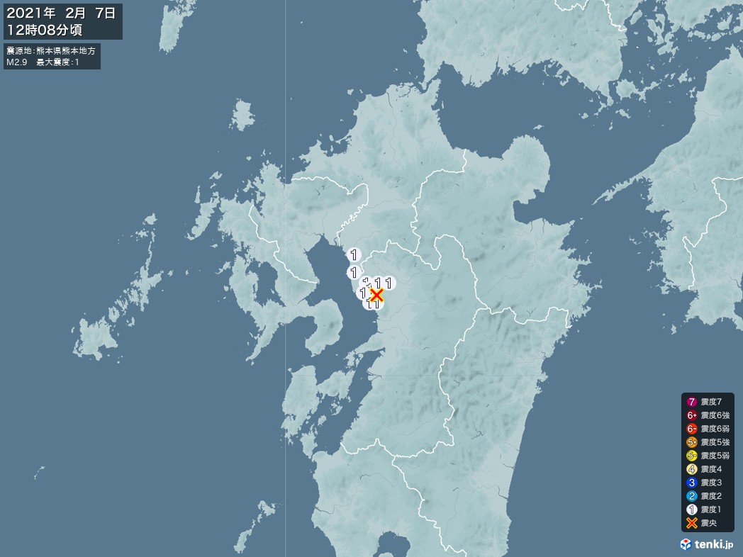 地震情報 2021年02月07日 12時08分頃発生 最大震度：1 震源地：熊本県熊本地方(拡大画像)