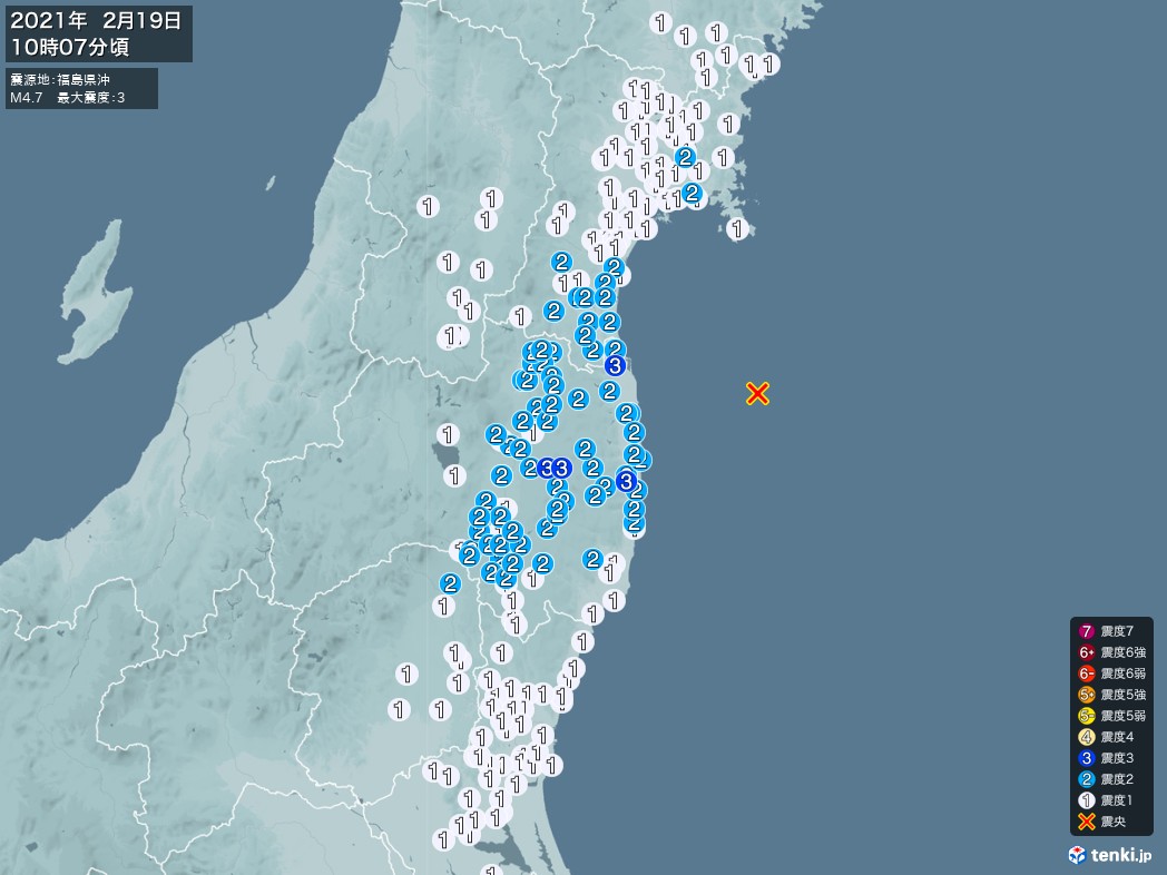 地震情報 2021年02月19日 10時07分頃発生 最大震度：3 震源地：福島県沖(拡大画像)