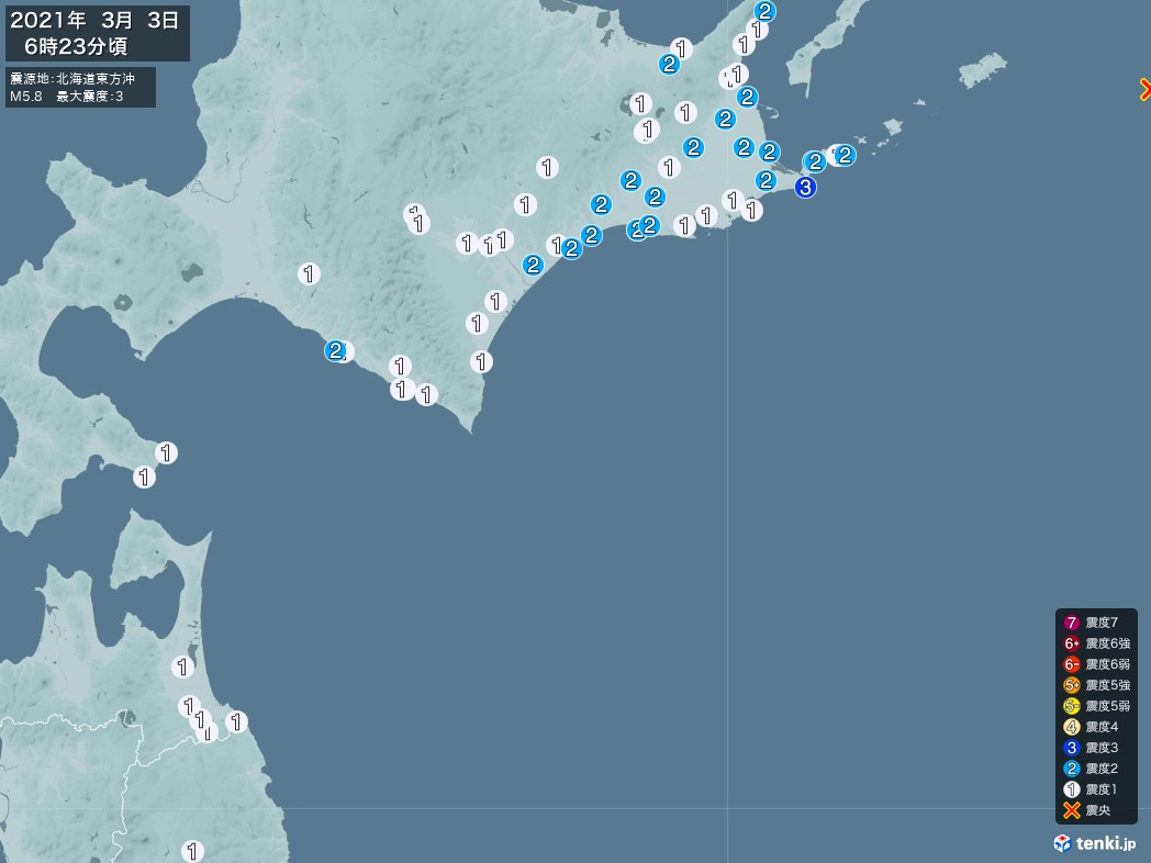 地震情報 2021年03月03日 06時23分頃発生 最大震度：3 震源地：北海道東方沖(拡大画像)