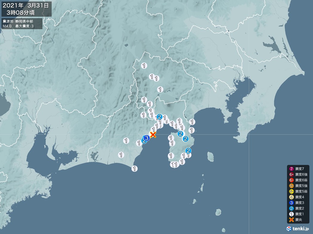 地震情報 2021年03月31日 03時08分頃発生 最大震度：3 震源地：静岡県中部(拡大画像)